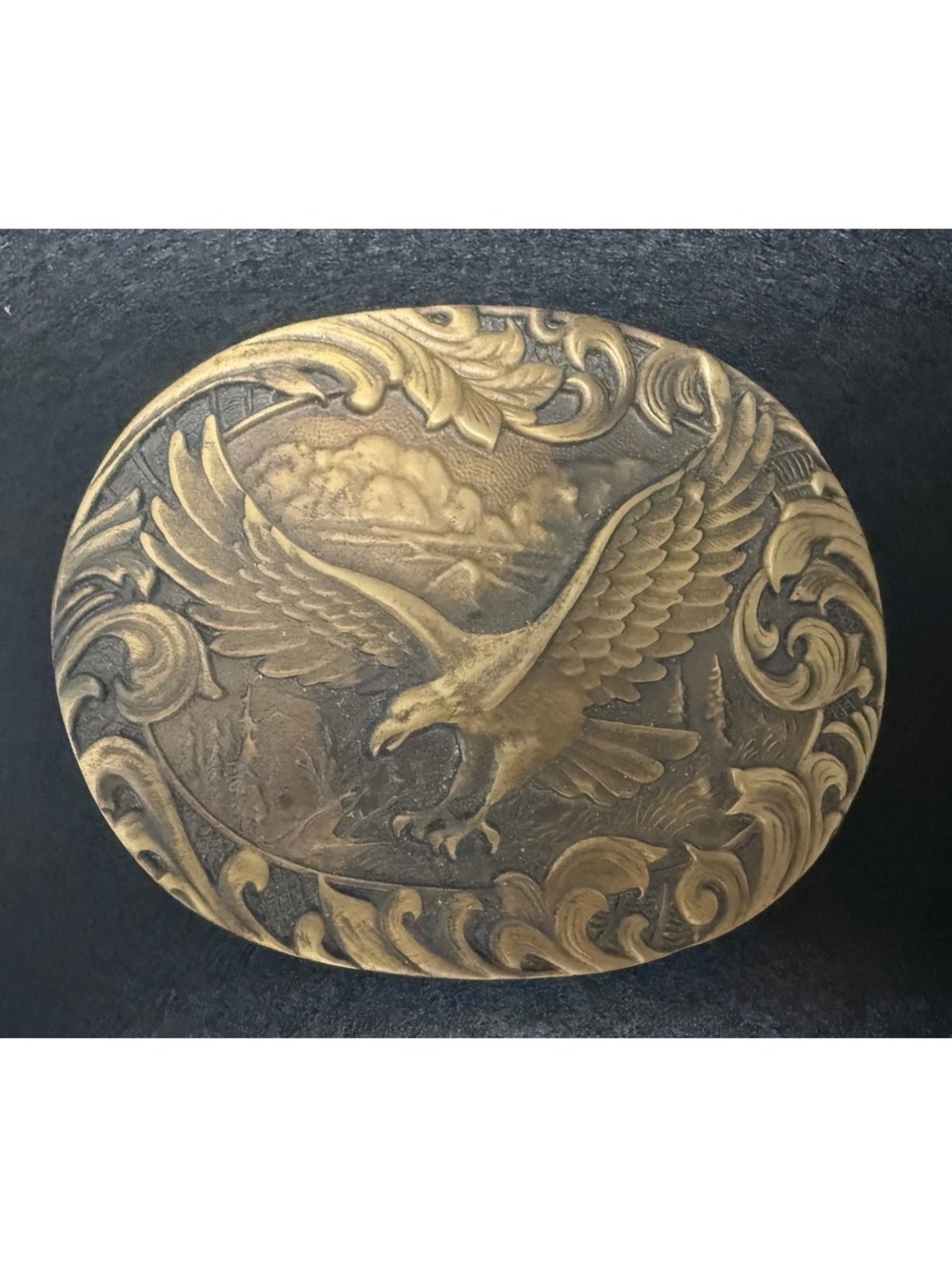 Vintage Bald Eagle Belt Buckle Ornate Scroll Western Brass Tone Americana